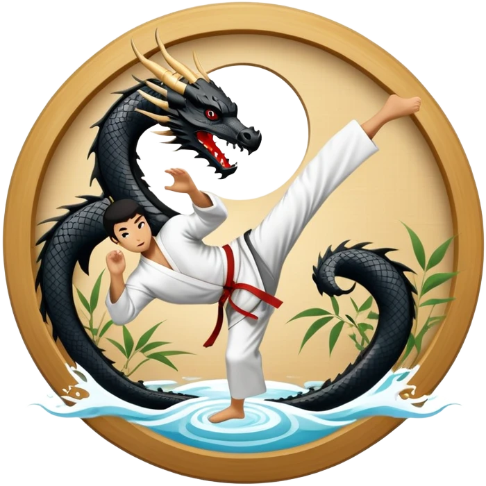 An icon symbolizing Eastern martial arts in the style of an emblem, featuring a black-and-white Yin-Yang symbol and a dragon at the center. A martial artist is performing a fluid kick, surrounded by elements like a dojo and bamboo. Transparent background highlights balance and power. emoji