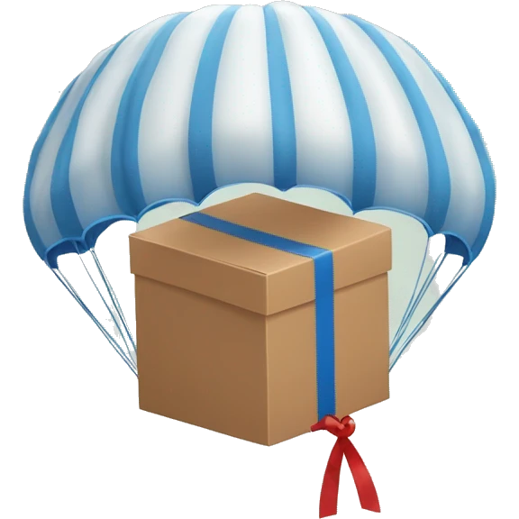Parachute package emoji, flat design, brown box, red ribbon, blue parachute emoji