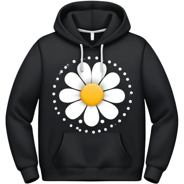 The BLACK Hoodie features a black base with distinctive white open flower spots with empty space in the middle, These hollow ring-like patterns are scattered across. emoji