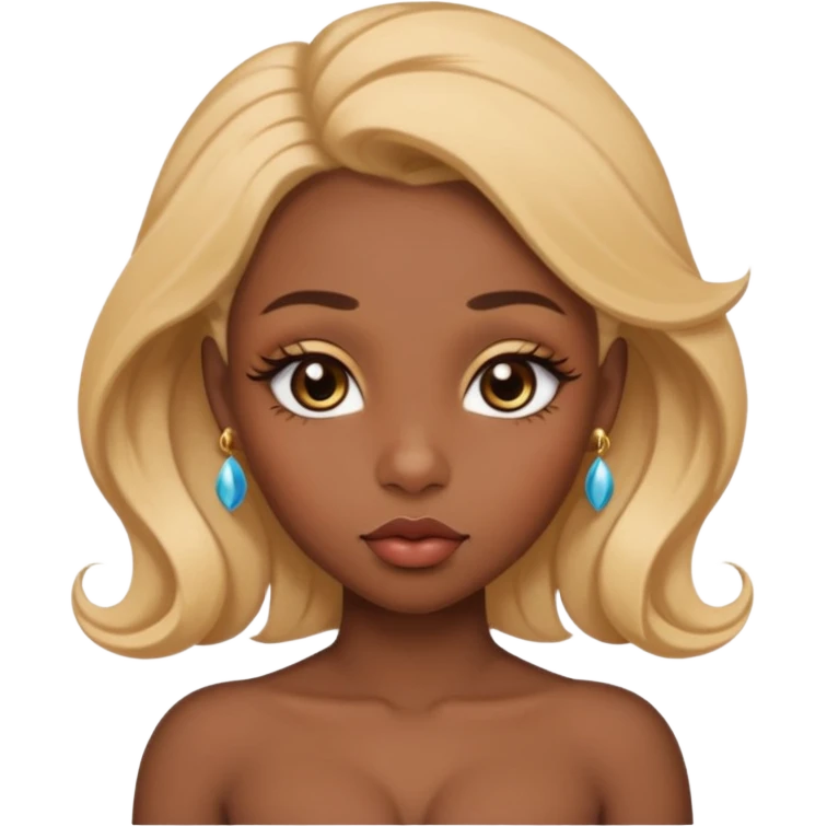 darkskin female with eyebrows that are naturally shaped and frame eyes well, eyes that are almond-shaped with defined lashes. nd lips are full with a defined cupid’s bow, add also a septum piercing that adds an edgy, stylish flair. a middle-part, honey blonde bust-down with laid baby hairs emoji