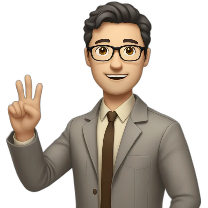 Full height Actively gesturing with hands Pale skinned fit man with dark brown hair in gray jacket, beige office shirt, brown tie, brown pants and vintage glasses. emoji