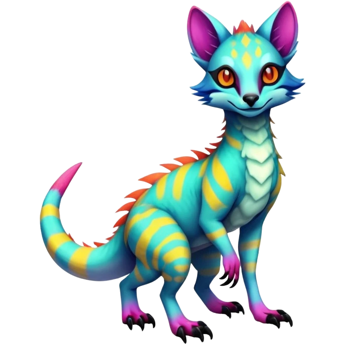  Exotic randomly colored colorful cute neon-colored Fakémon-Fionbri-Vernid-Sergal-Genet-creature with markings (full body) emoji
