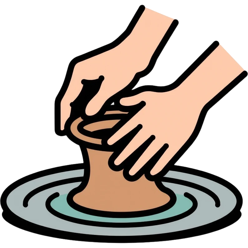 Two hands working on clay pottery, pinching and lifting clay on a pottery wheel, simple clean design with color outlines emoji