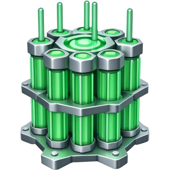 A bundle of uranium fuel rods used in a nuclear reactor, with a metallic structure and cylindrical rods, arranged in a hexagonal grid, futuristic and industrial style emoji