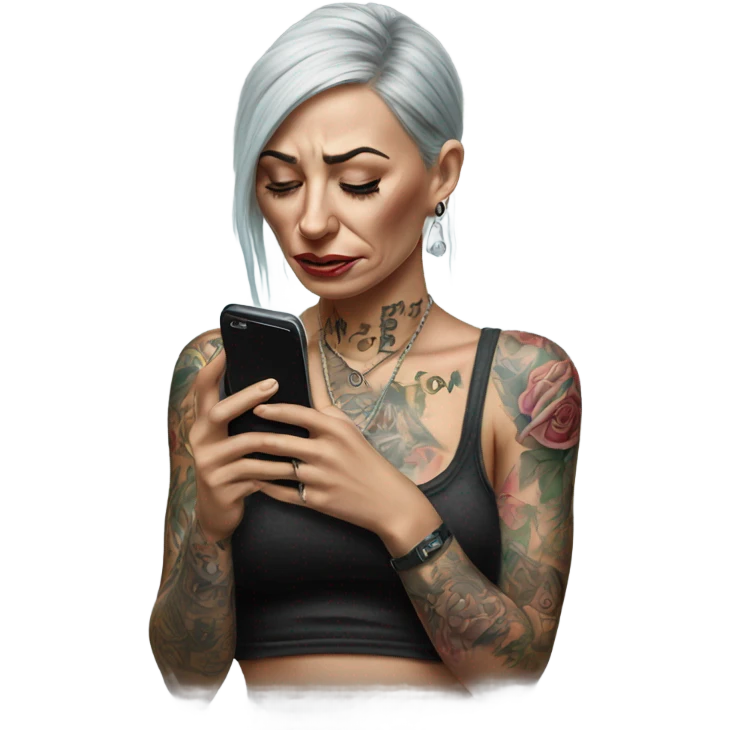 Hyper Realistic Beautiful tattooed woman crying holding a phone  emoji