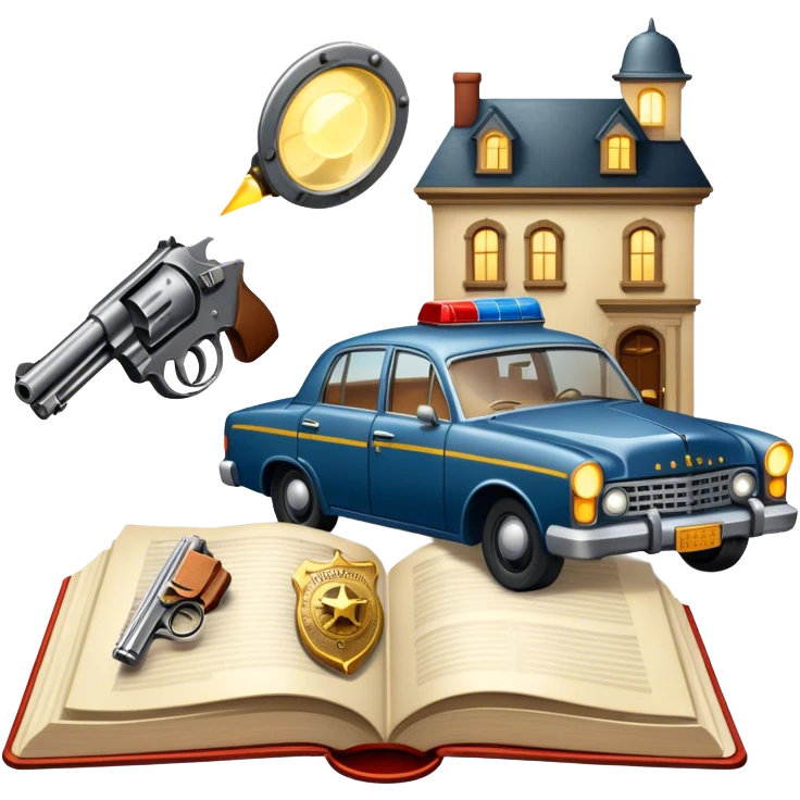 Icon for Action & Crime Reading: an open book with dramatic crime scenes—bullet holes on pages, a detective badge, a revolver and a getaway car. Surrounding elements include a flickering streetlight. Transparent background. emoji