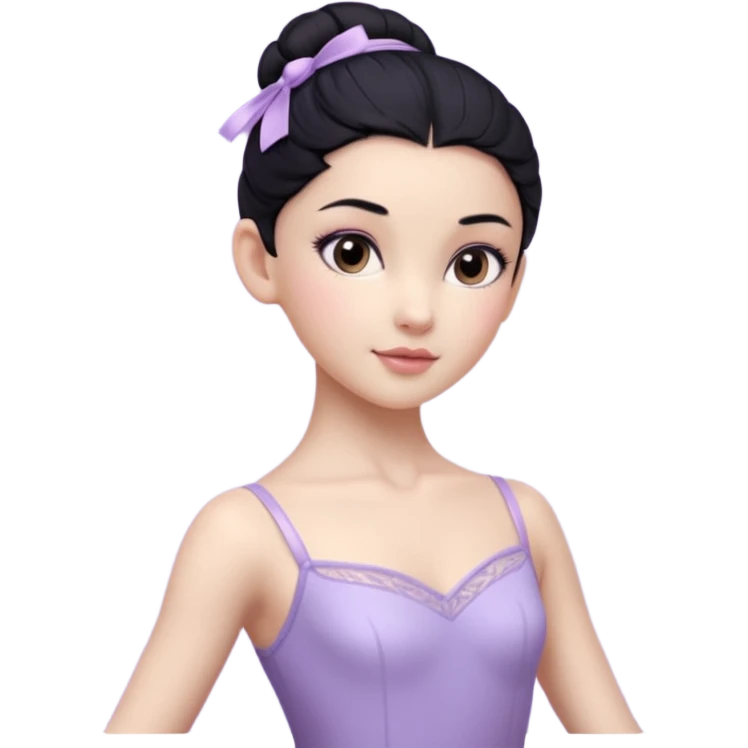 Cinematic Realistic ballerina Light Purple Portrait, depicted with lifelike skin texture, subtle rosy undertones, and soft natural lighting that enhances the gentle contours of her face. Her intricately detailed sweet black hair is elegantly styled, emoji