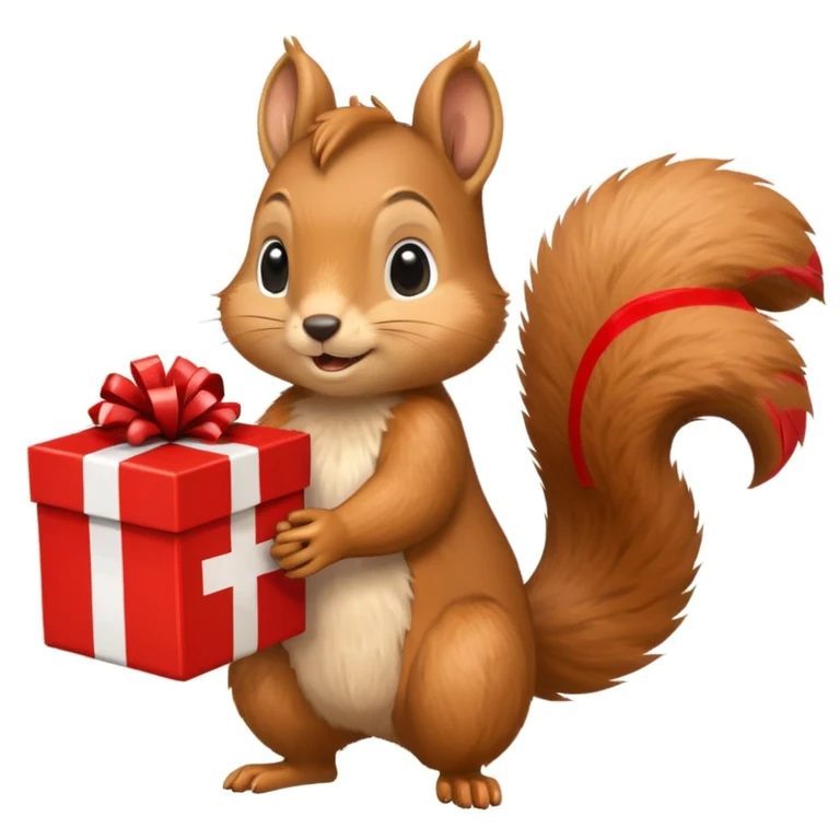 squirrel holding a large red gift box in one hand and a Swiss flag in the other, both objects prominent, simple white background emoji