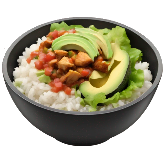 Chipotle bowl with lettuce, chicken, white rice, avocado and salsa, emoji