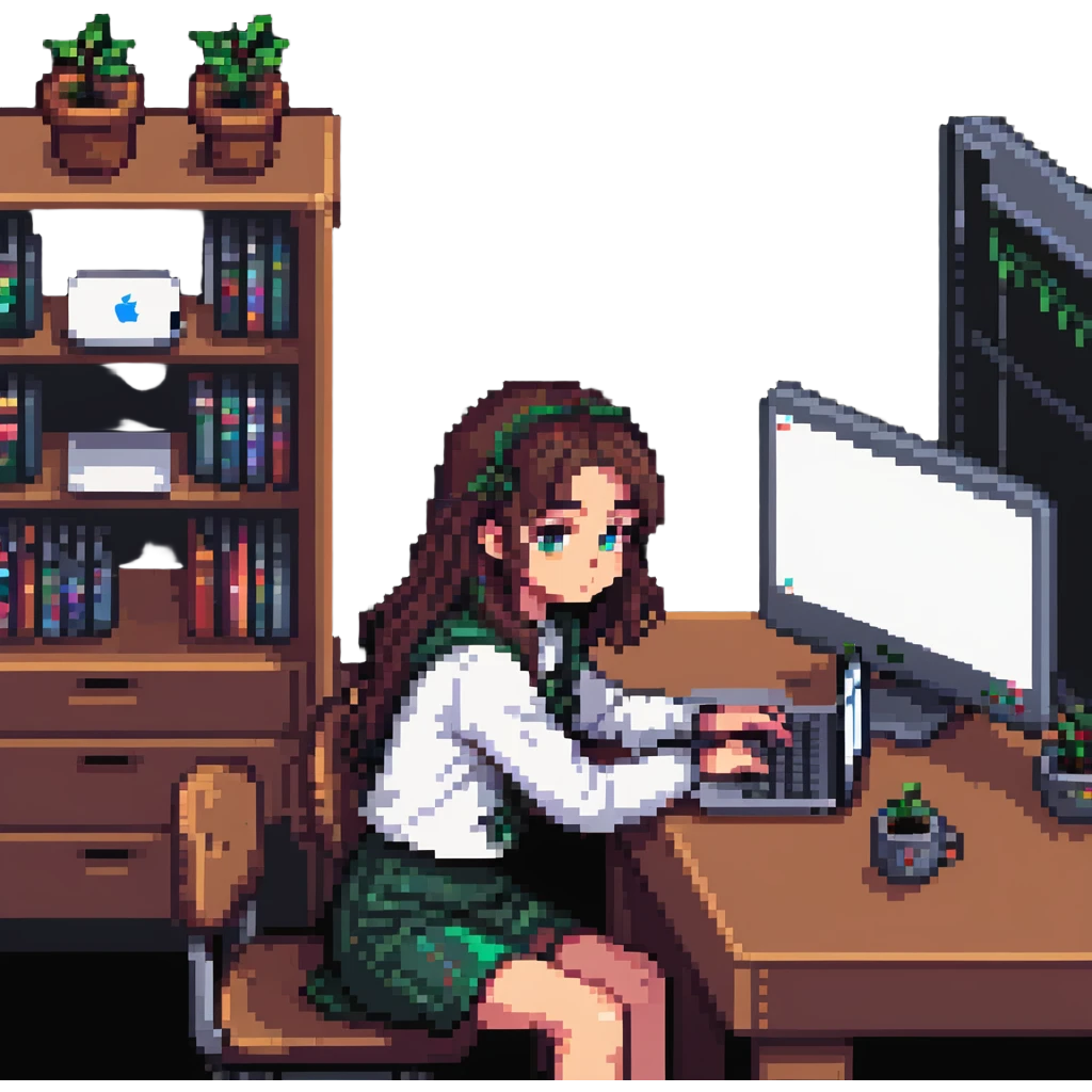 a girl sitting at a desk with a MacBook, focus on face and laptop, pixel art style emoji