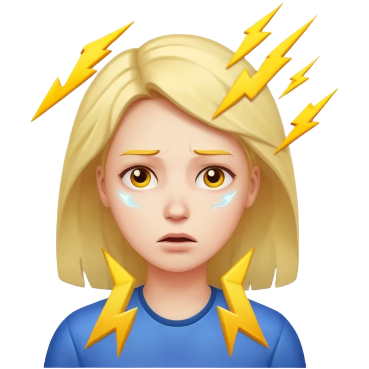 stressed woman with lightning symbol near head, tired face, calm emoji colors, shows stress and cortisol effect on skin emoji