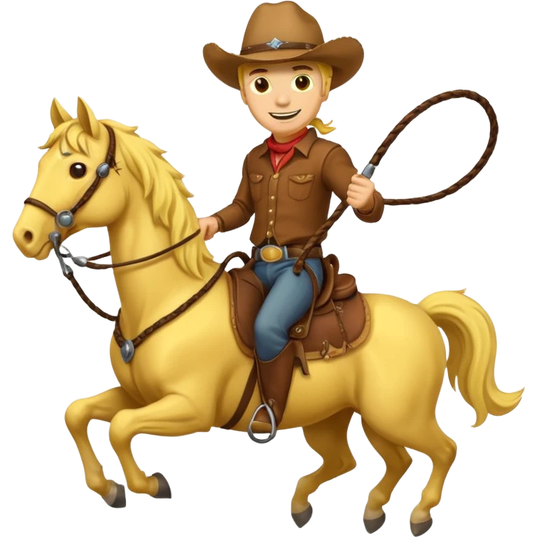 Cowboy riding a horse with whip. Cowboy With yellow skin and smilling. Simplize it and I need a full pic with horse. Like I need the leg part too emoji