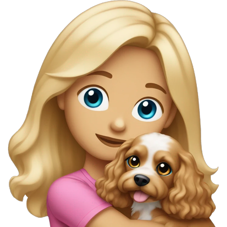White dark blond girl with long hair and blue eyes wearing a pink shirt and hugging a cavapoo dog emoji