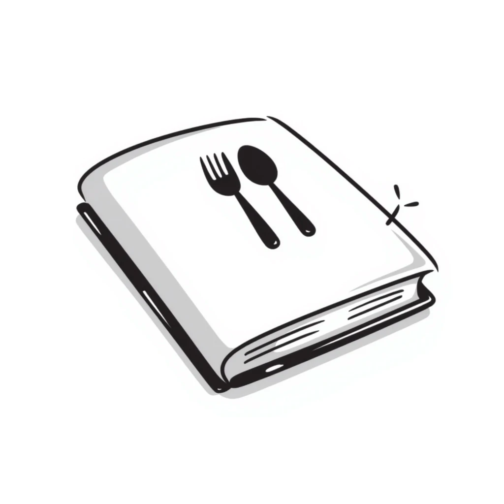 Closed cookbook with a fork and spoon symbol on the cover – collection of recipes emoji