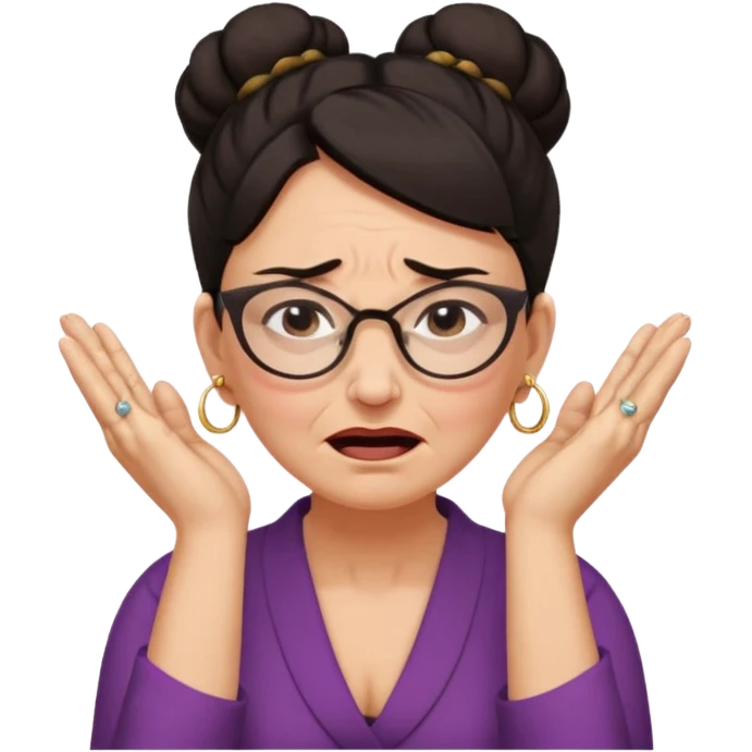 middle aged woman with dark hair pulled up in a high bun, wearing round ring earrings and glasses, expression extreme pain on her face, covering her ears with her hands very painful expression on her face, eyes squeezed shut, wincing in pain covering her ears with her hands emoji
