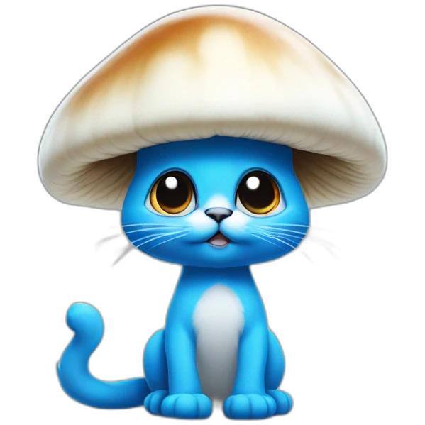 Blue smurf cat with large black eyes wearing a large white mushroom on his head casting a show on his face with a neutral face emoji