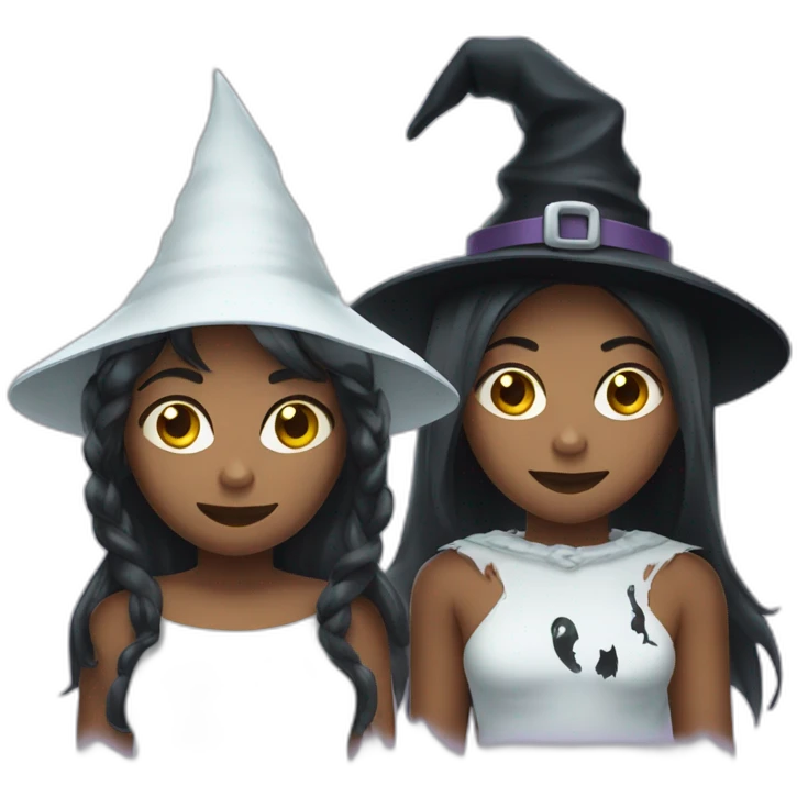 two girls with witch costume and chained ghost spirit costume emoji