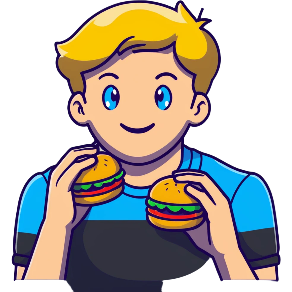 Young blonde guy with blue eyes from LGBT community eating McDonald's burger, rainbow pride details emoji