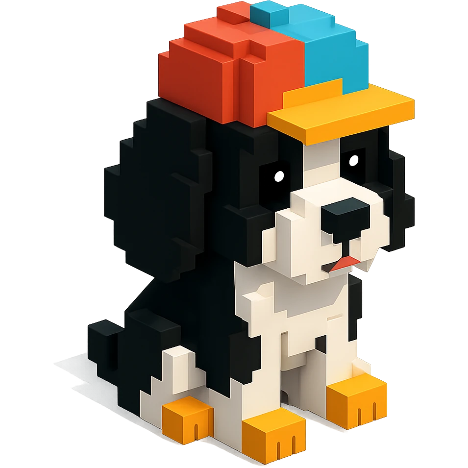A black and white Russian Cocker Spaniel puppy wearing a cap, sitting. emoji