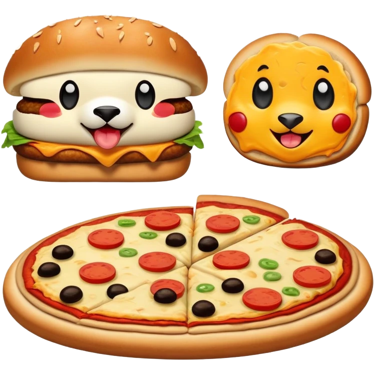Happy face chicken, nugget cheeseburger, pizza, panda emoji