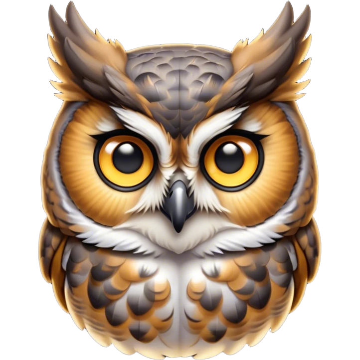 Cinematic Cute Great Horned Owl Portrait Emoji, Head tilted playfully and inquisitively, featuring a lush mottled Fur with intricate patterns of gray and white, round, sparkling golden eyes filled with curious wonder, Simplified yet irresistibly adorable features, highly detailed, glowing with a warm, friendly glow, high shine, affectionate and wise, stylized with a touch of nocturnal whimsy, bright and endearing, soft glowing outline, capturing the essence of a mischievous yet loving owl, so playful it feels like it could glide out of the screen and perch in your arms! emoji