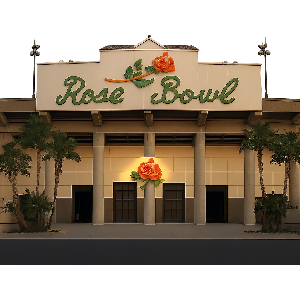 Adjust the coloring of the Rose Bowl Stadium emoji to be more realistic, removing the strange yellow tint. Keep the majestic, ornate architecture, lifelike detail, regal lighting, iconic sign, and accurate colors. Transparent background. emoji
