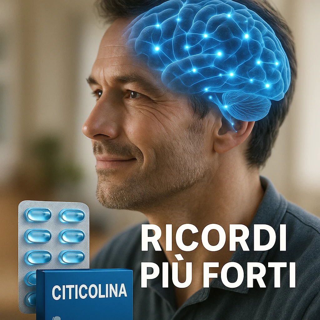 Citicolina che potenzia la memoria, iper realistico, molecola blu che illumina aree cerebrali, scritta 'Ricordi più forti', atmosfera positiva, dettagli realistici emoji