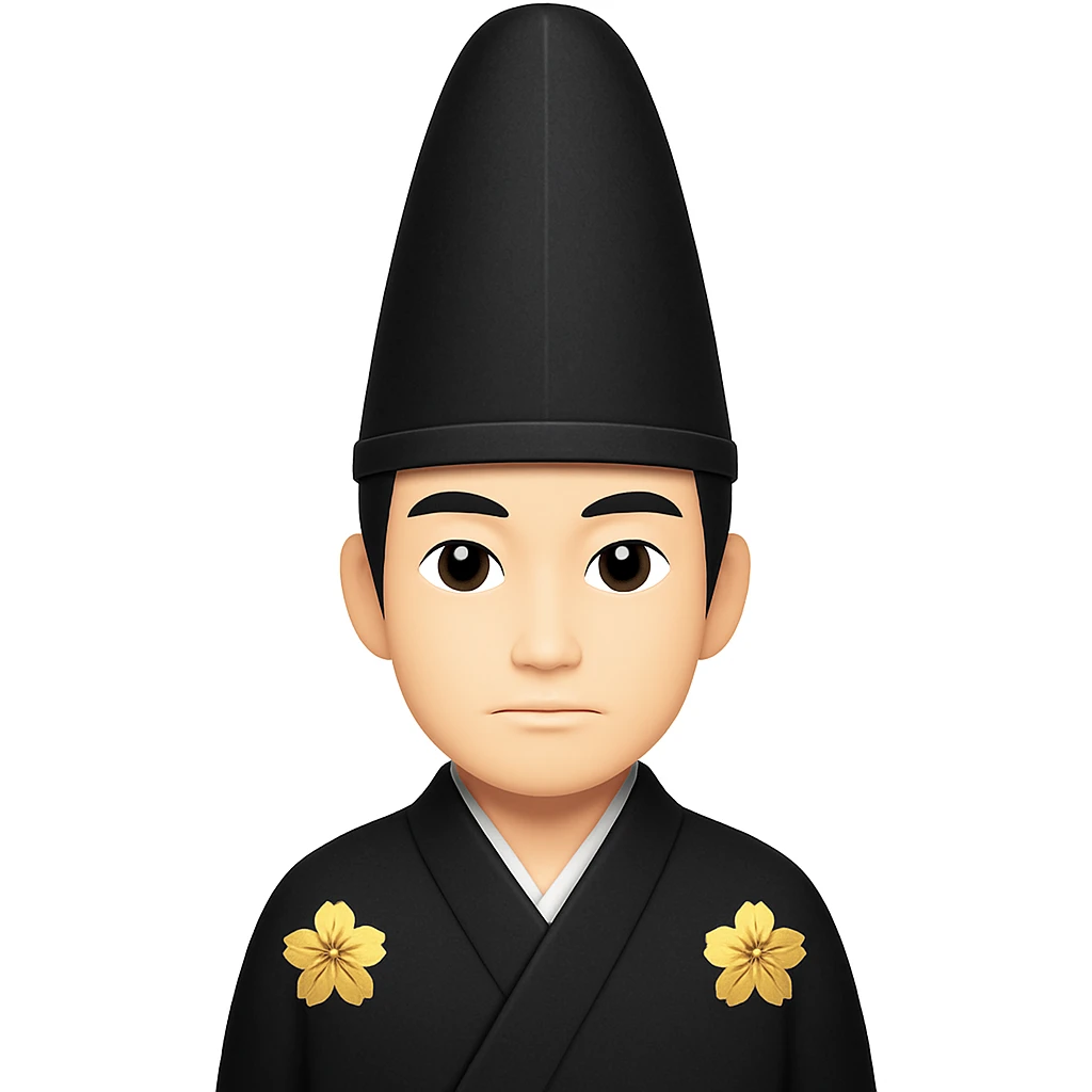 Make the eboshi hat much taller, keeping the shogun in a long black kimono, in the style of emoji style emojis. The style should resemble apple style emojis with concise details. emoji