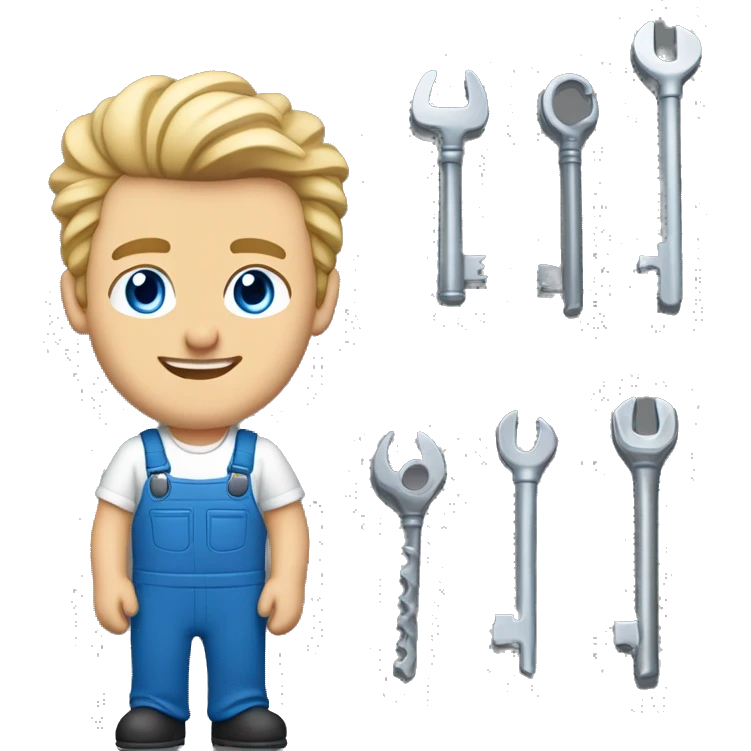  car mechanic, midlle age white men with smile, blodne hair, blue eyes, key in hand, sport cup  emoji
