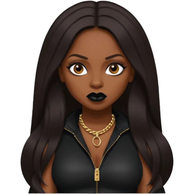 Foxy Brown, Rapper with dark brown long hair, black lip, black outfit emoji