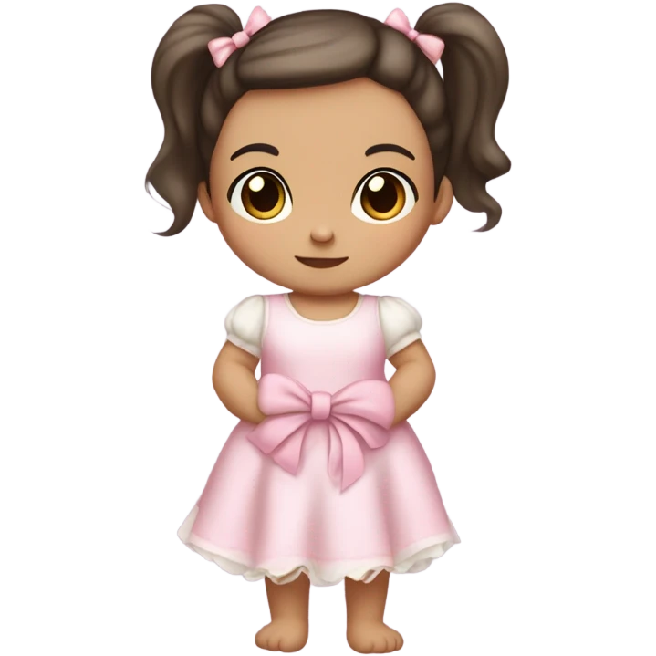 Little Baby Girl with light white skin, brown eyes. Dark hair in two ponytails, with light pink bows.  She is wearing a light pink and White dress, standing and holding a teddybear with a pink bow. Only showing up to her waist emoji
