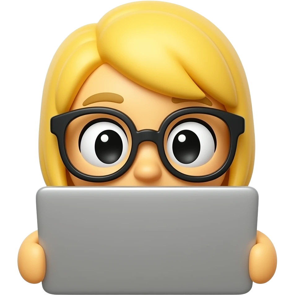 3D emoji-style female character with blode hair and big glasses, eyes wide, peeking over a laptop, emoji