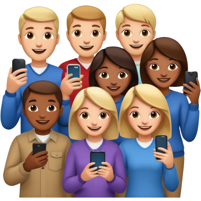 a crowd of people with happy faces and holding phone emoji