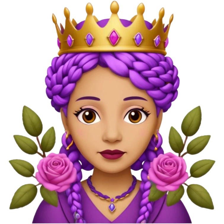 Crown Olive skin older queen with purple braids, brown eyes surrounded by roses emoji