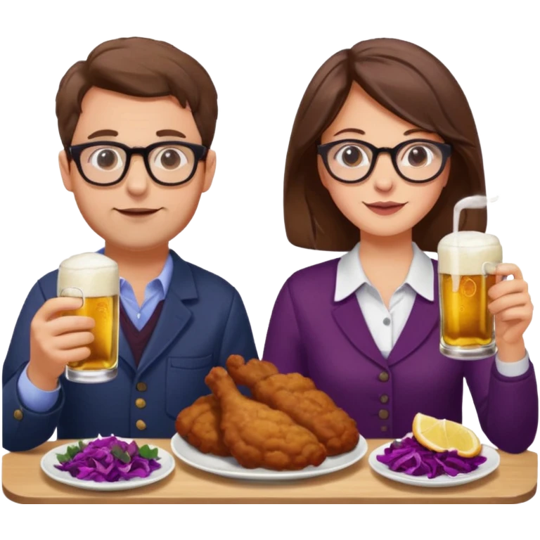 German man with glasses and brown hair and woman with glasses and brown hair eating schnitzel, red cabbage, potatoes, and drinking a beer emoji