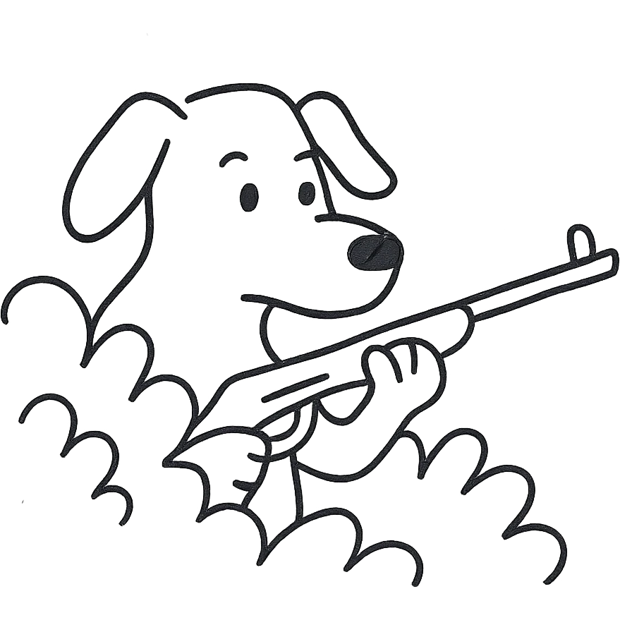 A dog hiding in the bushes with a gun, simple lines. emoji