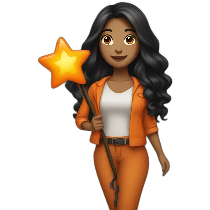 brown woman holding a orange star wand long black hair full length emoji
