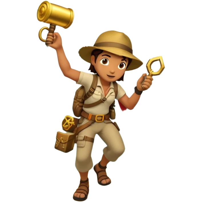 An icon featuring an adventurer in a dynamic action pose with treasure map, ancient ruins and jungle landscapes in the background. The design includes clues, hidden passages and climbing gear, symbolizing the thrill of exploration and discovery. Transparent background. emoji