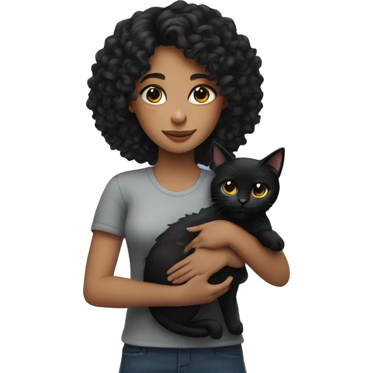 a girl with curly black hair. She has a black cat in her arms emoji