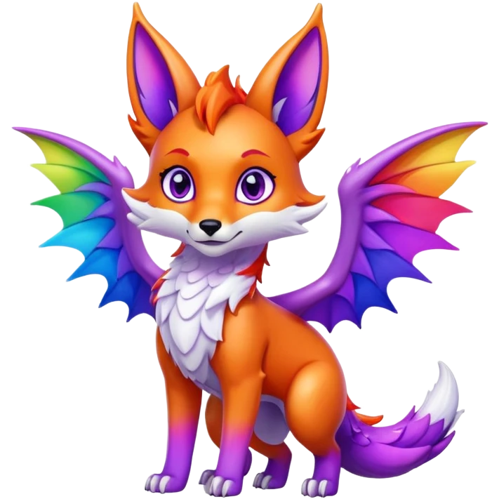 Cartoon Fox dragon hybrid purple eyes with wings face front full body rainbow colored emoji