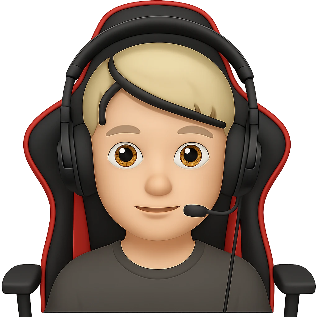 Add a gaming chair behind the streamer with headphones in the style of apple style emojis. Keep the emoji style look and no background. emoji