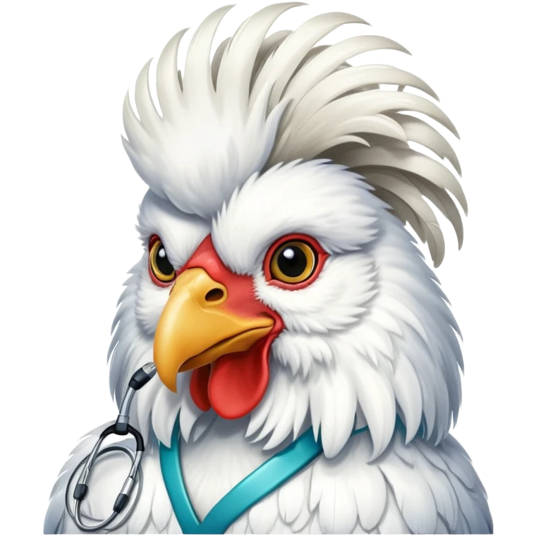 A White Silkie Bantam rooster wearing a doctor's stethoscope. The head feathers look like a large fluffy wig. emoji