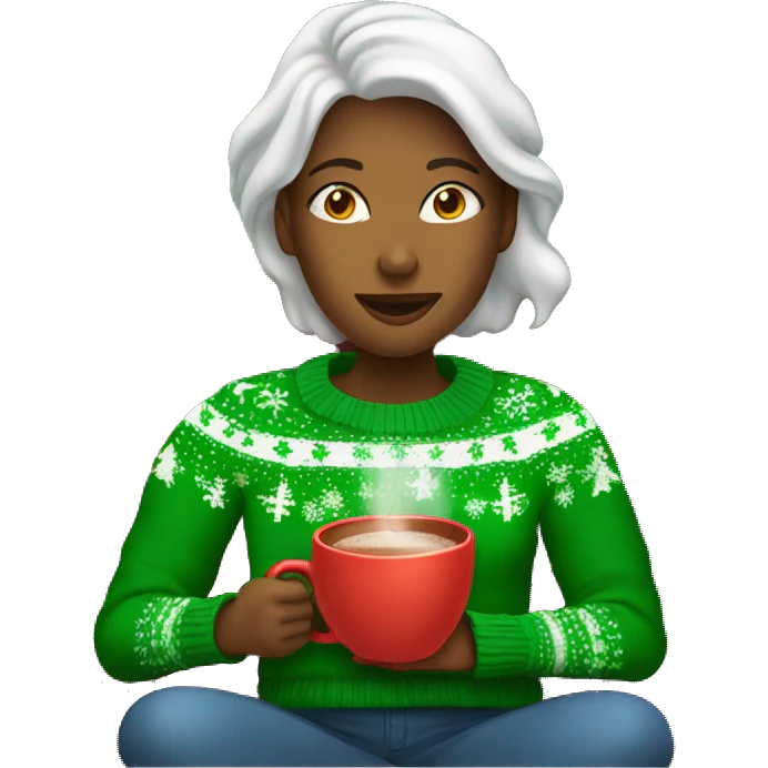 Woman wearing Green christmas sweater while drinking hot chocolate on sofa emoji