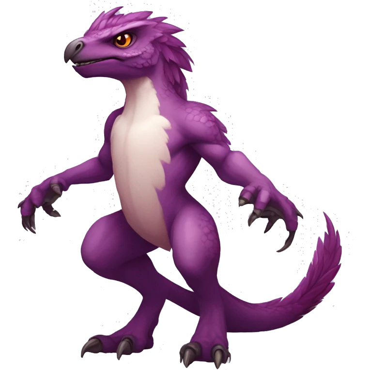 Mauve-maroon-red-violet-colored anthro-raptor-scalie-sona-Fakémon-hybrid with a mane on head and back full body emoji