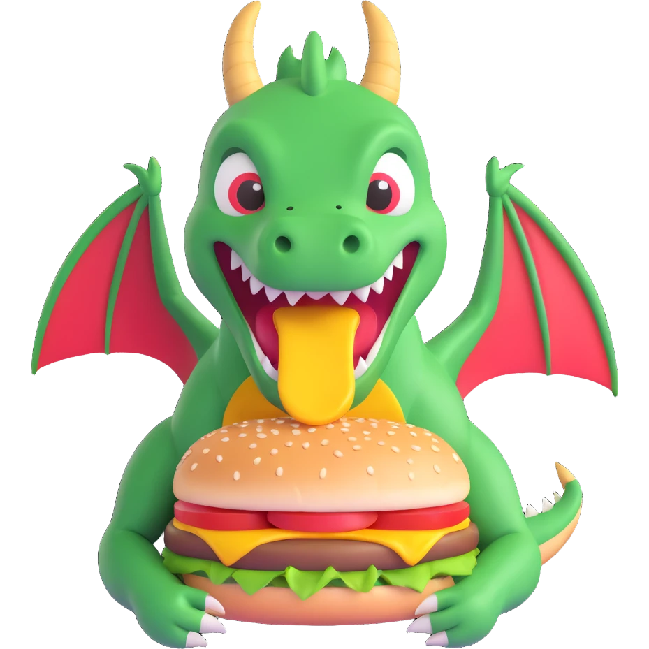 a dragon eating a cheeseburger, 3D emoji style emoji