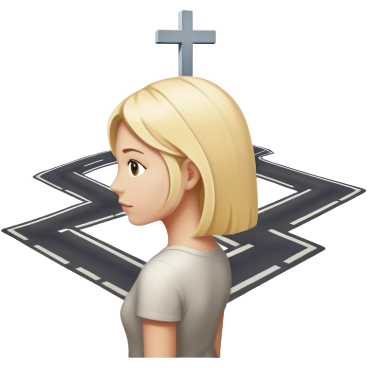 back of blonde woman stands In front at a crossroads between two paths—one illuminated, the other in shadow... scary and sunlight ... emoji