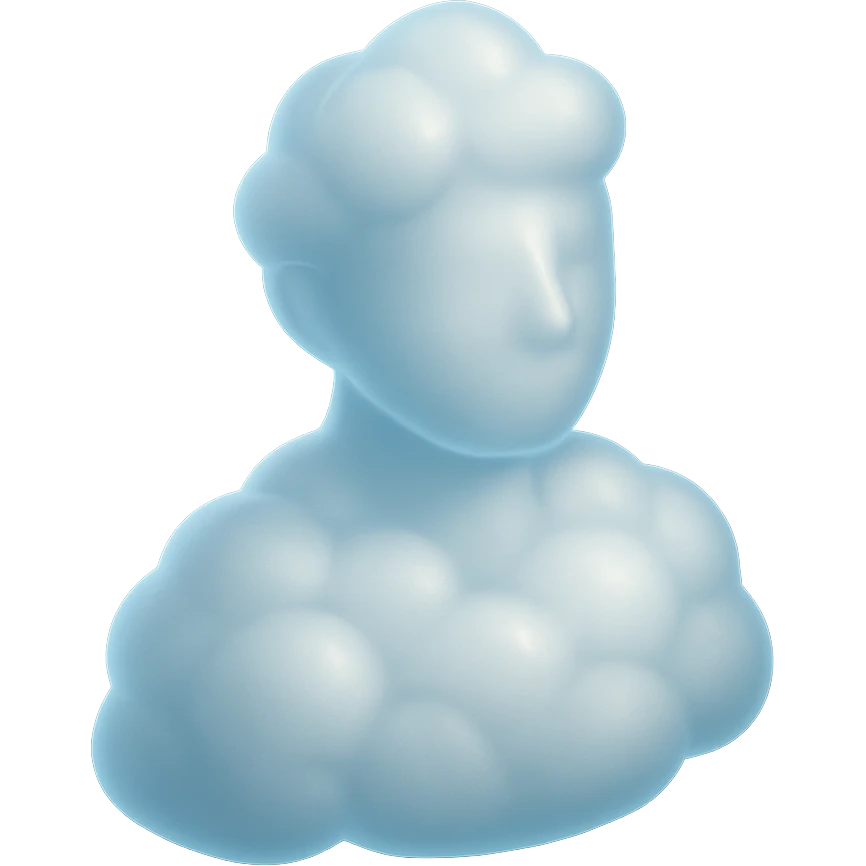 person looking straight, shoulders up, body fully made of white fluffy clouds, matte glass style, clouds convex and airy emoji