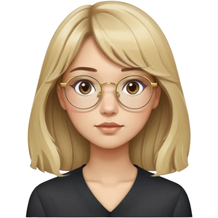 young adult woman with light skin, soft cheeks and round face, voluminous blonde-brown hair with slight waves and long bangs, large octagonal glasses with thin gold frame, dark casual shirt, calm and creative expression emoji