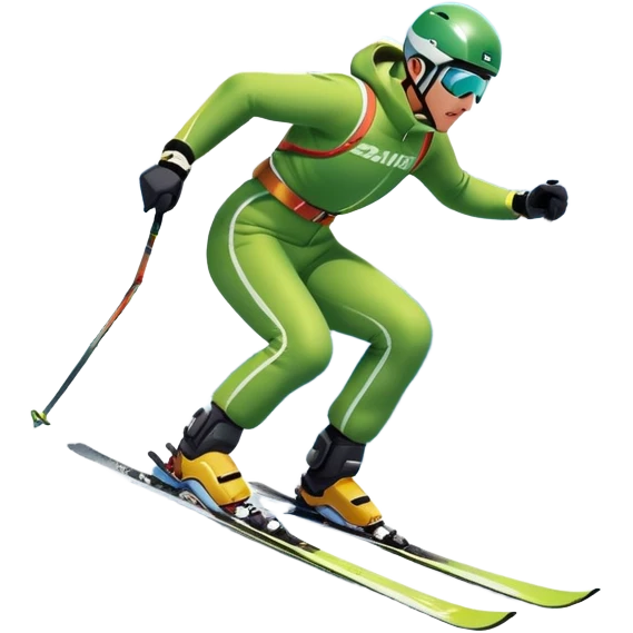 An icon featuring snowy peaks, pine trees, and a picturesque mountain landscape with a skier racing down a snow-covered slope. The sky is blue with soft clouds, capturing the thrill and beauty of alpine skiing. Transparent background highlights the excitement and serenity of winter sports. emoji