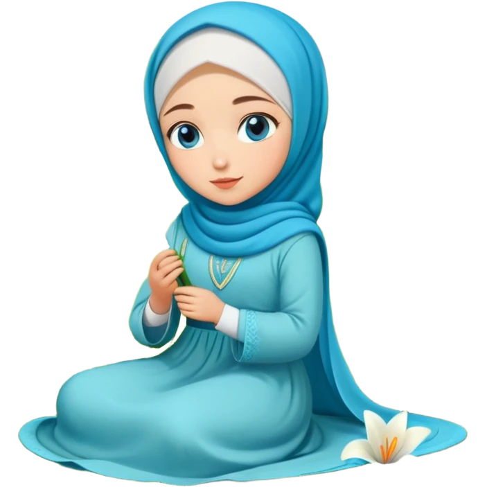 Turkish beautiful finish Konya girl blue eyes with lily flower hijab long tail dress and sits on the grass on the ground and hold lily flower on hand  emoji